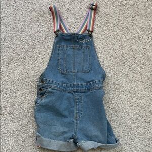Target Blue Denim Short Overalls with Rainbow Straps